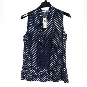 NWT Sweet Habit Navy Polka Dot Sleeveless Top with V-Neck Front Tie Sz XL